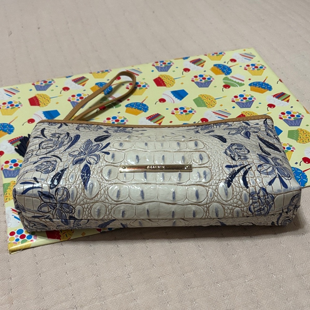 Brahmin Floral Blue and Cream Croc-Embossed Wristlet